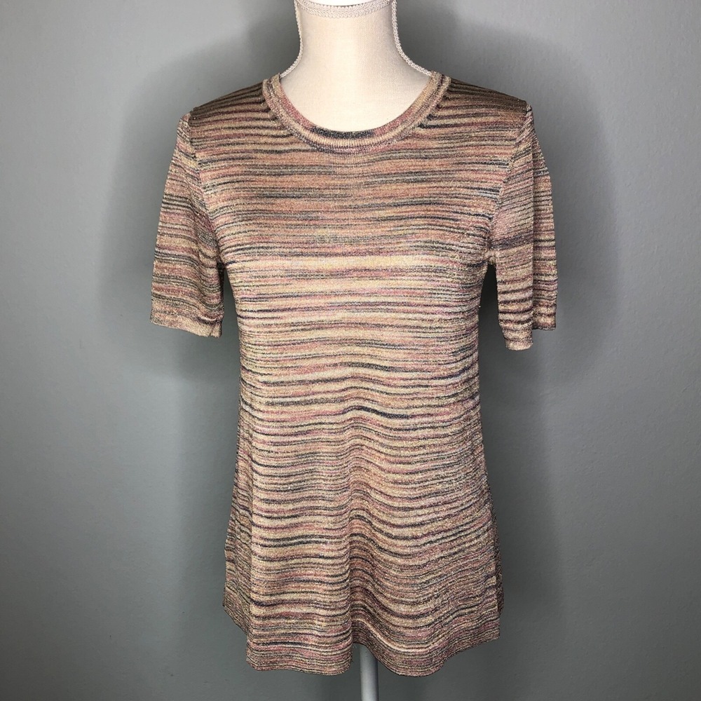 LOFT Top Women XS Multicolor Metallic Knit Striped‎ Short Sleeve Shimmer Tee